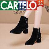 卡帝乐鳄鱼潮牌靴子女粗跟磨砂皮裸靴2022年新款百搭真皮短靴春秋单靴 黑色单里 37 (240mm)