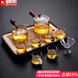 透明玻璃茶具套装家用日式现代简约带内胆过滤泡茶壶茶盘托盘茶杯 直觉壶(六色/把杯)套装_长方(琴韵)密胺/黑