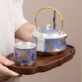 岚景阁茶具套装鎏银新中式陶瓷功夫茶壶户外快客杯便携式旅行茶具泡茶壶 如鱼提梁+直口杯