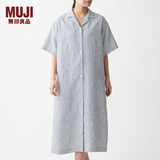 无印良品 MUJI 女式 法国亚麻水洗 五分袖开襟连衣裙 BCL08C0S 米白色X条纹 XS-S