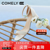 康莉（COMELY）一字带凉鞋女粗跟25年夏季羊皮中跟时尚百搭通勤时装凉鞋 米白 37