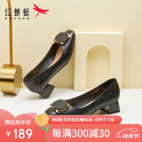 红蜻蜓女士粗跟小香风皮鞋职业通勤妈妈鞋高跟鞋单鞋 WFB31540黑色38
