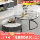 左客左家（ZUOKEZUOJIA）意式简约岩板面圆形茶几客厅家用茶几桌现代小户型小茶几边几组合 亮面|60白+80灰|黑柜单抽茶几