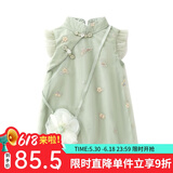 Auro Mesa唐装新中式小女孩汉服连衣裙绣花纱裙旗袍长裙周岁礼服花朵挎包 绿色 90cm/12-24M