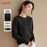 班尼路长袖t恤女装春秋新款纯棉小个子女生内搭上衣打底衫宽松休闲衣服 黑-纯色 【100%棉】 M