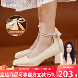 达芙妮高跟鞋女单鞋2025春季法式玛丽珍鞋蝴蝶结淑女小皮鞋粗跟女鞋婚鞋 珍珠米白【蝴蝶结】跟高 5.5cm 36