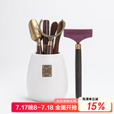 祥业功夫茶具配件茶道六君子套装茶刀茶针茶则茶勺刷喝茶泡茶工具大号 粗陶福锦茶道筒（米白）+茶刮五件套