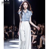 玛娇媚（Majiaomei）休闲裤女装套装2026年夏季新款休闲气质百搭衬衫高腰阔腿裤子女 蓝色衬衫+白色阔腿裤 L