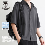 西域骆驼（VANCAMEL）短袖衬衫男夏季港风帅气男士宽松外套百搭休闲男装衬衣 深灰 XL