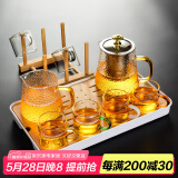 瓷牌茗茶具（cipaiming teaset） 透明玻璃茶具整套套装家用功夫茶壶茶杯会客泡茶器 金盖雅致六彩杯8件+杯架+小长方