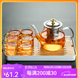瓷牌茗茶具 玻璃茶具套装家用功夫茶具带过滤内胆泡茶壶茶杯盖碗整套茶具 金盖雅趣壶金色杯7件套+小长方盘