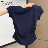 啄木鸟正肩短袖t恤女夏季2025新款圆领褶皱修身显瘦收腰上衣 藏蓝色 2XL