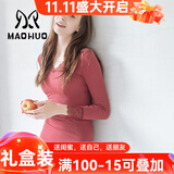 猫惑修身恒温无痕保暖内衣女士美体v领蕾丝薄款加绒加厚打底秋衣秋裤 酒红色【上衣+裤子】【不加绒】 均码 【适合80-135斤】