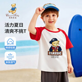 Classic Teddy儿童短袖t恤男女童夏季圆领上衣中小童装半袖衣服夏装 棒球帽子熊同色插肩大红 100