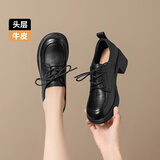 ZHR头层牛皮单鞋女通勤风粗跟系带女鞋工作职业乐福皮鞋女KM07黑色37