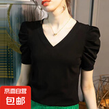 短袖t恤女2025新款夏纯棉纯色泡泡袖上衣V领修身显瘦正肩爆款体恤 K7-黑色 2XL 建议125-135斤