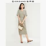 佐丹奴裙子女纯棉双面布亲肤透气绑带破骨通勤V领连衣裙05464470