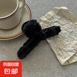 秋冬毛绒头发抓夹女大号发量大鲨鱼夹毛毛发夹后脑勺发卡夹子头饰 毛绒抓夹-黑色13cm