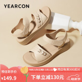 意尔康母亲节礼物送妈妈女软底坡跟平底鞋中年妈妈魔术贴皮凉鞋 杏色