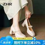 ZHR单鞋女浅口粗高跟玛丽珍鞋子女复古方头增高女鞋 SA37 米色 37 