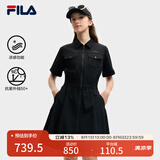 FILA 斐乐官方女装梭织工装连衣裙2025夏季新款时尚凉感防晒收腰裙子 正黑色-BK M 165/84A/M