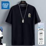 真维斯（Jeanswest）冰丝中袖男2025夏季简约印花宽松冰感速干短袖T恤男士大码上衣服 黑色（复古字体胸标） L (175) (收藏加购优先发)