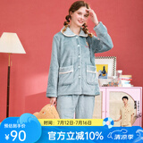 芬腾 珊瑚绒睡衣女冬季加厚法兰绒开衫加绒休闲秋冬款家居服套装 灰绿 2XL