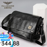 法莱阿玛尼（FALAMAONE）斜挎包男商务休闲男士单肩包牛皮+超纤通勤包男式简约挂肩邮差包 黑色【大号】