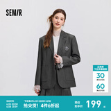 森马（Semir）外套女中长款刺绣学院风2025春新款宽松气质灰色休闲西装甜酷风 灰色调00322 M 160/84A