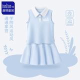 唐狮珠地棉网球背心套裙女童夏季无袖背心休闲运动百褶裙 蓝色  130 