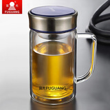 富光 双层玻璃杯男女士大容量办公杯带把手带滤网泡茶杯 隔热防烫水杯 380ml海浪蓝