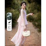 德玛纳【欧若假日风】夏季莱赛尔拼接假两件无袖露肩水滴扣蛋糕女连衣裙