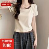 设计感假两件方领短袖t恤女夏季韩版杏色拼接上衣短款潮KJY#A111# KJY#A111#杏色 L