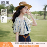 香影波西米亚度假风蓝色碎花衬衫女夏2025新款含亚麻圆领上衣小衫 航线蓝 衬衫 M 160/84A/95-110斤