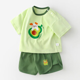 旻胜【两件套】男童短袖短裤套装开肩扣开档宝宝夏季薄款衣服生日礼物 绿色80cm【可开肩+可开裆】