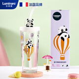 乐美雅钢化耐热变色吸管杯带刻度玻璃水杯卡通杯里尔熊猫吸管杯425ml