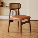 致喜中古风实木餐椅法式复古休闲酒店藤编椅子靠背椅家用软包餐桌凳子 胡桃色实木框架+橙色皮面