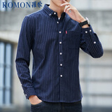 罗蒙（ROMON）条纹长袖衬衫男士韩版修身商务休闲百搭衬衣外套藏青色5XL