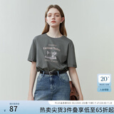 范思蓝恩夏季缝纫机印花短袖t恤女春夏新款韩版宽松短袖上衣女T恤 烟灰色 M