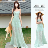 斤慕蕾丝吊带连衣裙女薄荷绿气质网纱拼接收腰A字裙长裙海边度假 S(80-100斤)