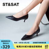 星期六（St&Sat）女鞋石头纹羊皮革通勤浅口猫跟单鞋 黑色（皮面） 38