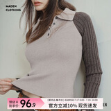 马登复古灰棕拼接翻领针织衫女春半开襟插肩袖撞色套头毛衣内搭打底衫 浅灰色 S