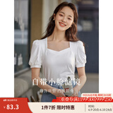 茵曼（INMAN）百搭法式褶皱方领短袖T恤2025夏季新款女装修身显瘦衬衫上衣 珍珠白 L