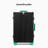 梦旅者新款撞色复古行李箱铝框拉杆箱万向轮高颜值旅行箱男女密码箱皮箱 升级版黑配绿卡扣 24英寸 （轴承减震轮+个性撞色）