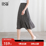 欧莎（OSA）夏天高腰碎花半身裙女夏季中长款不规则a字鱼尾裙子25年新款 黑底印花 2XL