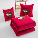 俞兆林纯棉便携式抱枕被子二合一两用枕头车载办公室靠枕垫送朋友礼物 小松鼠中国红【加绒加厚款】 50*50展开被子145*195CM一只装