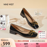 NINE WEST/玖熙低跟单鞋牛漆皮浅口方头金属饰扣工作女鞋NF445006FK 黑色36