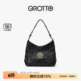 GROTTO个乐经典黑石hobo包大小号植鞣绵羊皮腋下单肩斜挎软包礼物 经典黑 金标S