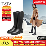 他她（TATA）黑色V口长筒靴女英伦加绒抗寒高筒靴骑士靴冬季G5JA1DG2 黑色（绒里） 37