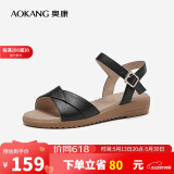 奥康（Aokang）女鞋坡跟一字带凉鞋牛皮舒适日常休闲外穿妈妈鞋T666688810黑40码